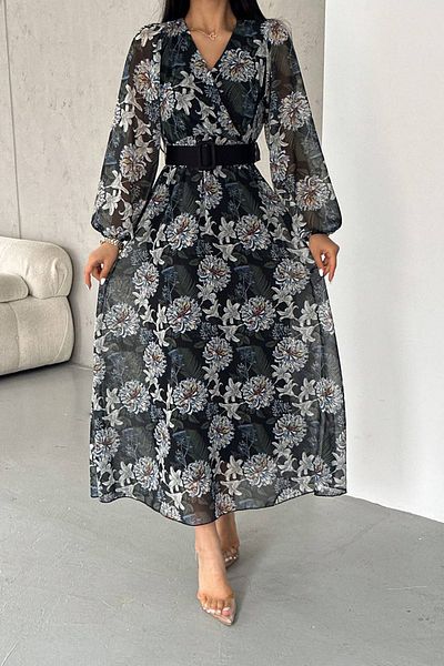 Neşeli Butik rochie de vara lunga din sifon cu centura de dama NBK2067-1