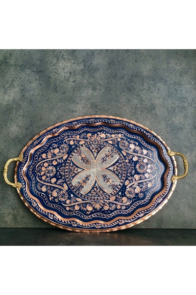 Copper Studio 999 31x44 Cm Oval, İşlemeli, Pirinç Saplı Kalın Bakır Çay Ve Kahve Sunum Tepsisi, Söz Nişan Tepsisi