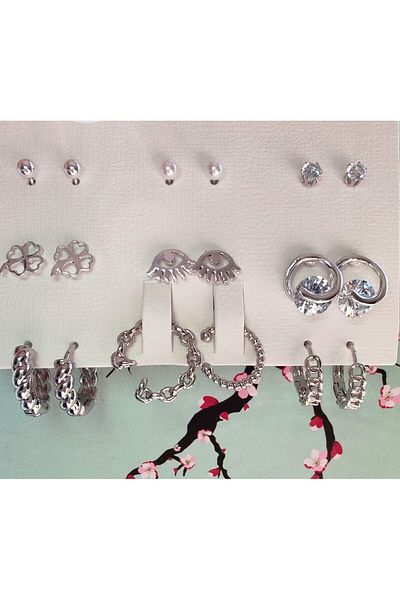 İLKYAZ ACCESSORY 9-PIECE MINIMAL EARRING SET WITH CRIMPED EARRINGS