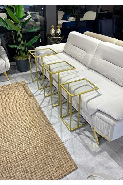 Lamra Dizayn Sehpa 3' lü Gold Şeffaf Güvenilir Tamper Camlı ,Çok Amaçlı Metal...