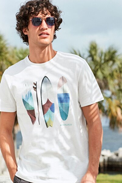 Rokeby Tricou alb cu imprimeu Honolulu Surfboard din bumbac pieptănat