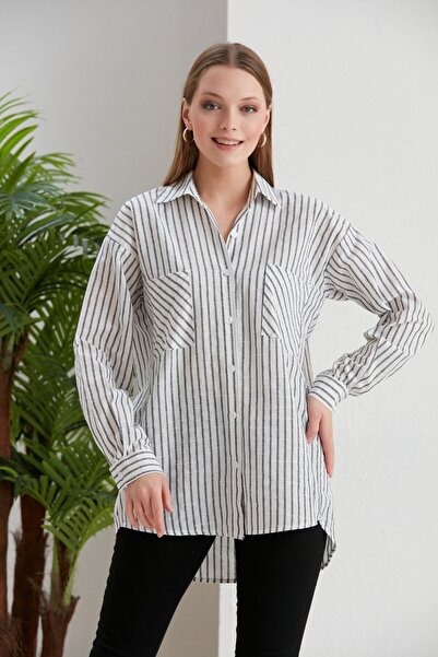 Lusin Γυναικείο μαύρο ριγέ μακρύ πουκάμισο με τσέπες