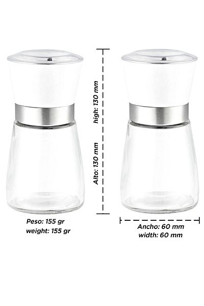 Tilbe Home Set of 2 Pepper Salt Shakers Mill Ceramic Blade Grinder Medium Size Durable Glass Spice Grinder