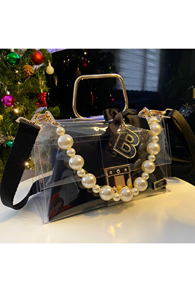 AREV BAGS İnci Askılı Siyah Keseli Şeffaf Çanta