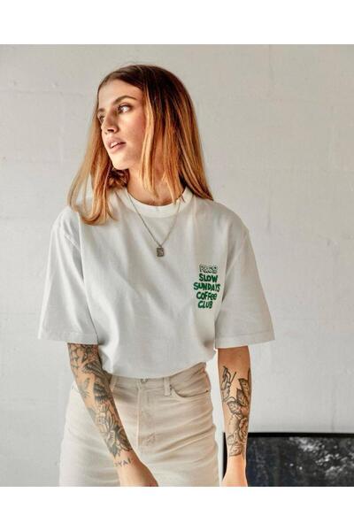 Rokeby Pamuk Penie Kumas Oversize Slov nedeljom Baskılı Beiaz majica