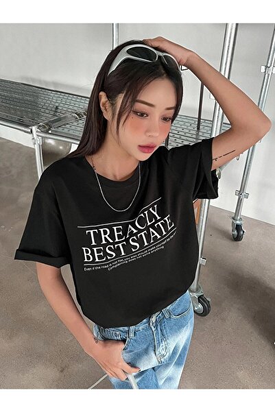 WOODROFFE Tricou oversize cu imprimeu Best State negru pentru femei/fete