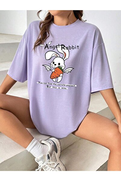 WOODROFFE Tricou oversize cu imprimeu Angel Rabbit pentru femei si fete - Sal...