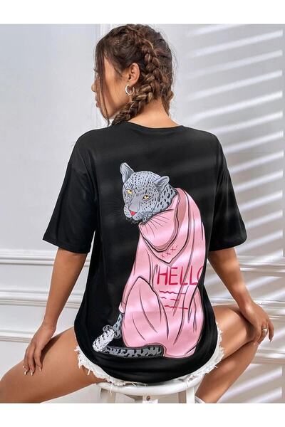 WOODROFFE Crna Oversize kroj Helo Štampano Žene/Djevojke T-shirt