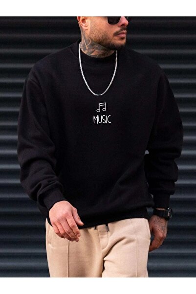 WOODROFFE Ανδρικό φούτερ με μουσική εμπριμέ μαύρο λαιμόκοψη Unisex Oversize