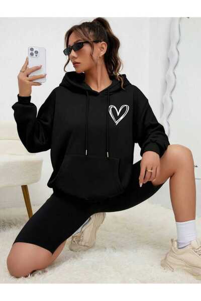 WOODROFFE Hanorac oversize unisex cu glugă neagră cu imprimeu inimă - buzunar...