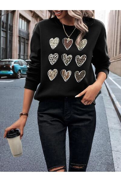 WOODROFFE Женска леопардова 6-панелна блуза с принт на сърце, унисекс, черна, овърсайз