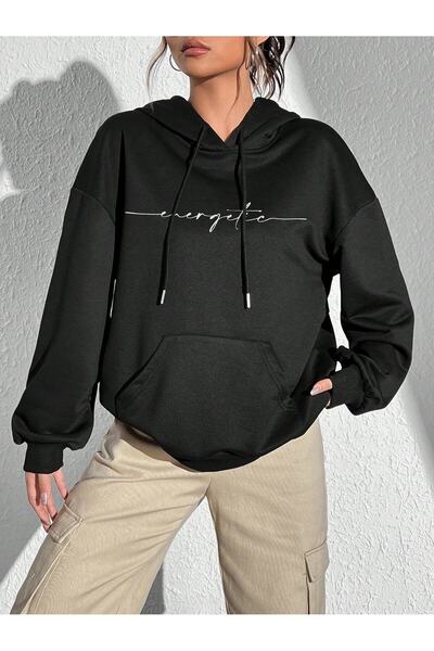 WOODROFFE Γυναικείο Ενεργό εμπριμέ Unisex Μαύρο Φούτερ με κουκούλα Oversize