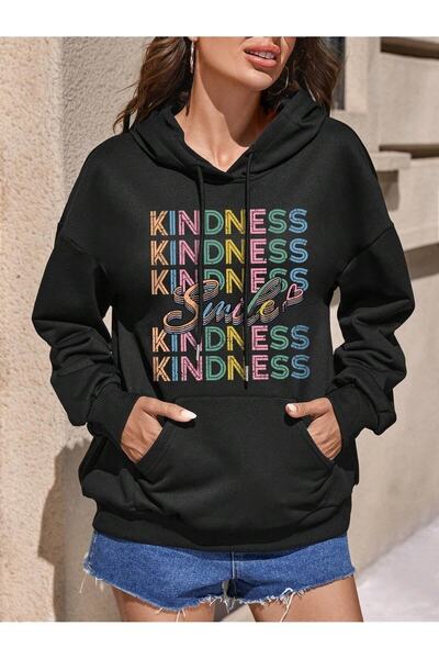 WOODROFFE Hanorac negru unisex oversize cu glugă cu imprimeu Kındness Smile