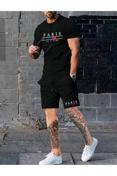 WOODROFFE Men's Paris Printed Street Style Shorts T-shirt Set Oversize Casual