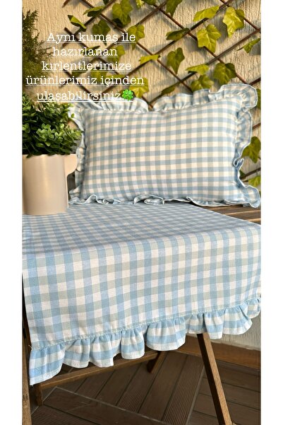 Decamor home Fırfırlı Runner Vintage Fırfırlı Pötikareli Keten Mavi Runner