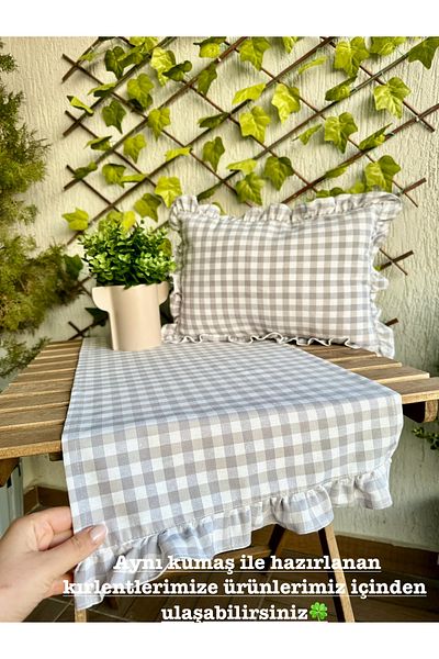 Decamor home Linen Frilly Runner Vintage Gingham Gray Runner