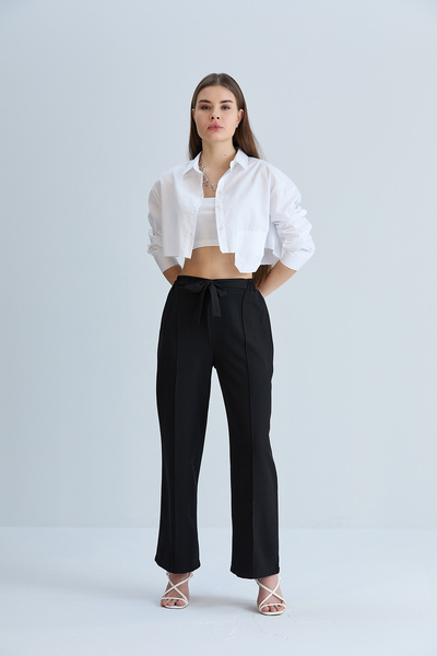 Space Fashion Ženske crne pantalone sa vezanjem na prednjoj strani i elastičn...