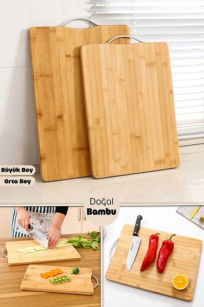 Tilbe Home 2-Piece Bamboo Cutting Board Large + Medium Steel Handle Cheese Presentation Tray Vegetable Chopping Board Set