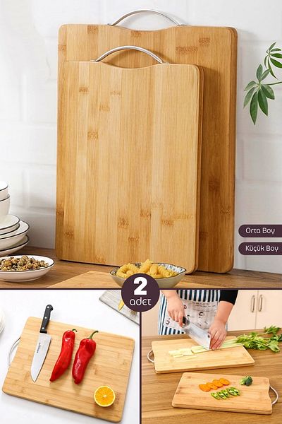 Tilbe Home Set of 2 Bamboo Cutting Board Medium + Small Steel Handle Cheese Presentation Tray Vegetable Chopping Board