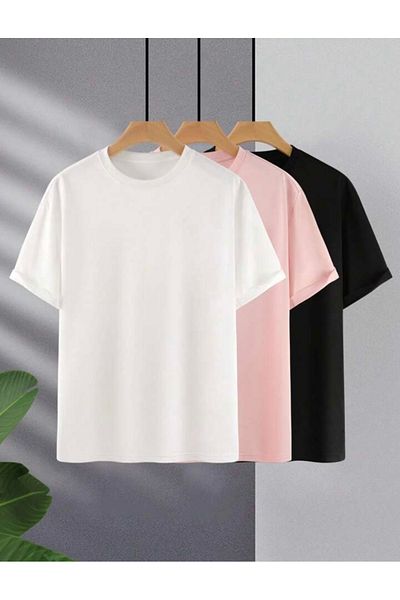 BYMEER Λευκό Ροζ Μαύρο Σετ με 3 μπλουζάκια Crew Neck Oversize
