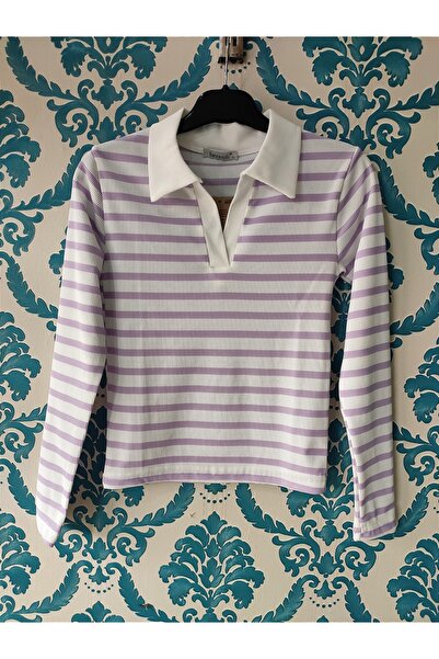 Sublime Butik Fitted/vücuda Oturan Polo Yaka Uzun Kollu Çizgili Kaşkorse Crop...