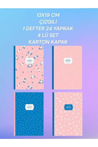 SEYFİKİRTASİYE 13X19 CM STRIPED NOTEBOOK SET 1 NOTEBOOK 24 PAGE SET OF 4 CARDON COVER SHARP COLOR