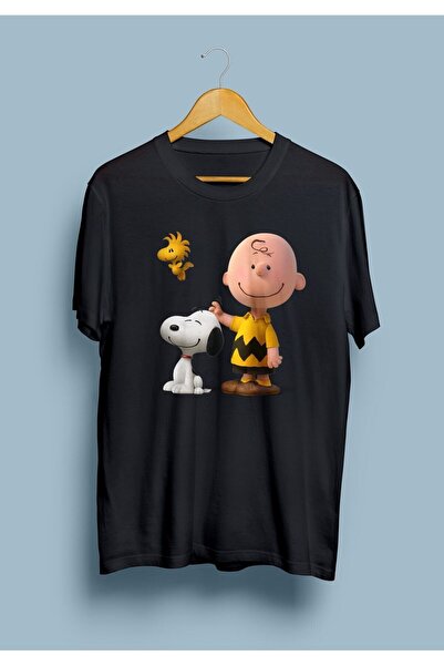 ZOKAWEAR Kadın Siyah Snoopy Ve Charlie Brown Tasarım Baskılı Tişört