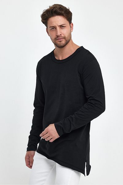 rammers Tricou cu mânecă lungă, cu croială asimetrică și murdară, cu guler larg, cu croială confortabilă