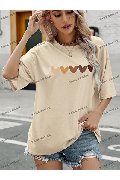 Tarzsokak Μπλουζάκι BAY Unisex με μοτίβο καρδιάς εκτός ώμου - KOD-1361