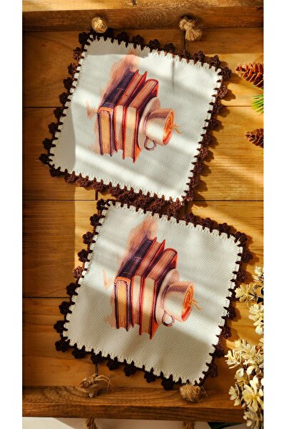 Runner Supla Home قطعتان من منديل تقديم القهوة المزخرف بنمط القهوة/الكتاب