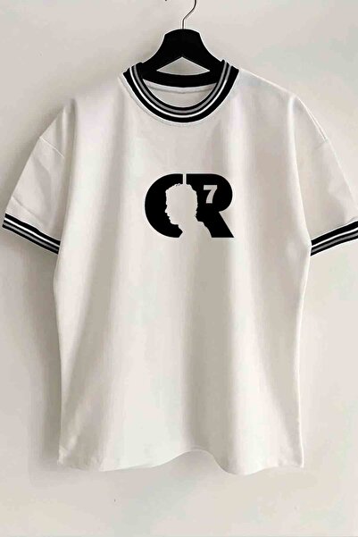 Vordevia تي شيرت أبيض كبير الحجم مطبوع للجنسين من CR7 مع تفاصيل ياقة وأكمام ل...