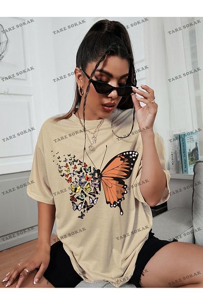 Korefanzin تي شيرت BAY للجنسين بطبعة فراشة بدون أكتاف - KOD-1402