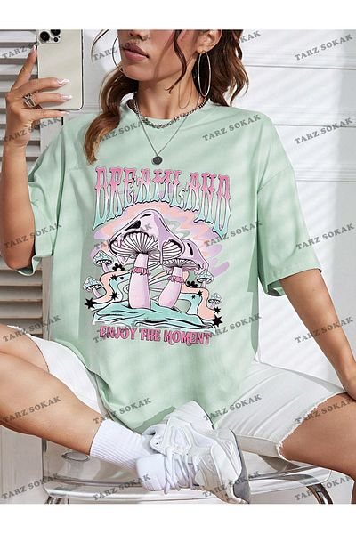 FANBOX SHOP Unisex LADY Mushroom & Slogan Graphic Off-Shoulder T-Shirt KOD-1391