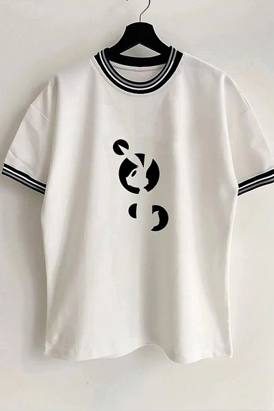 Vordevia Tricou unisex oversize alb cu nervuri, cu imprimeu Bugs Bunny, cu guler și mâneci pentru sezonul nou