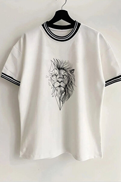 Vordevia Λευκό μπλουζάκι Unisex με στάμπα Lion New Season με λεπτομέρεια γιακ...