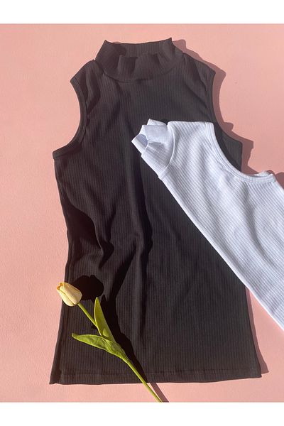 LEYNA BUTİK Women's Turtleneck Zero Sleeve Report Rib Ribbed Bodysuit (1 Piece Black and 1 Piece White)
