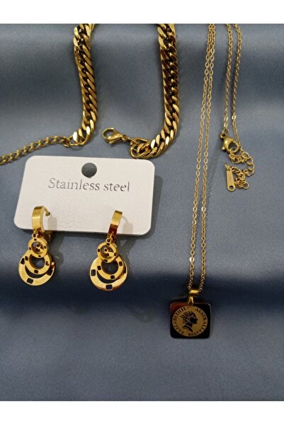 KobalBusiness Çelik set-Gold madalyon45 cm ince zincir+üçlü halkalı küpe+yassı zincir bileklik set.