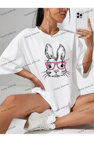 FANBOX SHOP Tricou unisex BAY pentru femei, cu imprimeu iepure de desene animate, cu croiala larga KOD-1354