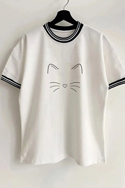 Vordevia تي شيرت أبيض كبير الحجم للجنسين مطبوع عليه قطة وياقة وأكمام للموسم ا...