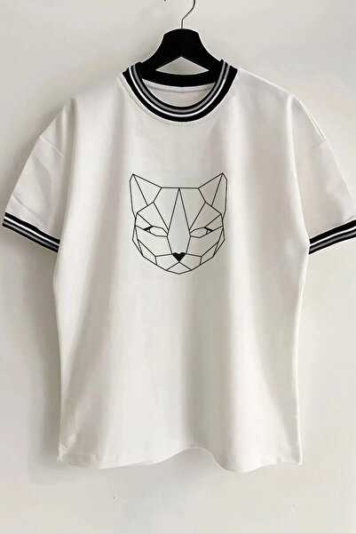 Vordevia Унисекс тениска с принт на котка и яка за нов сезон, оребрена, бяла,...