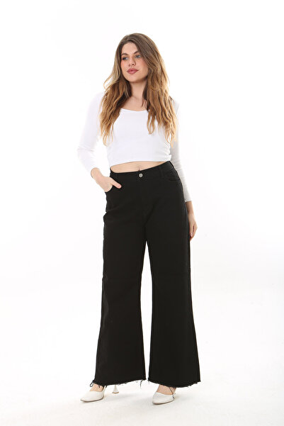 Şans Women's Large Size Black Wide Leg Lycra Jeans with Filthy Stitching 65N37650