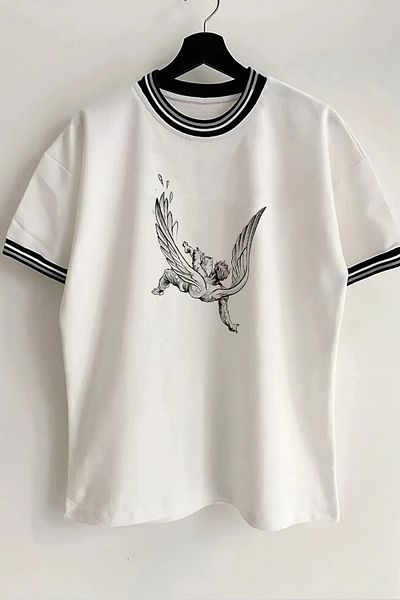 Vordevia Λευκό μπλουζάκι Unisex Oversize με λεπτομέρεια με γιακά και μανίκια με στάμπα Falling Angel