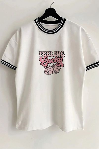 Vordevia Tricou oversize unisex alb cu nervuri, cu imprimeu Feeling Lucky, cu guler și mâneci de sezon nou