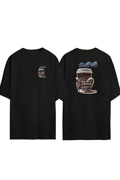THEWERT Μπλουζάκι Unisex Cup Coffee Shop Μπροστά πίσω με εμπριμέ μαύρο oversize μπλουζάκι