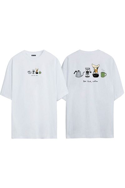 THEWERT Tricou alb oversize cu imprimeu, unisex, dar prima cafea