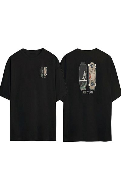 THEWERT Tricou negru supradimensionat, unisex, nou, cu skateboard, cu skateboard, în față, în spate
