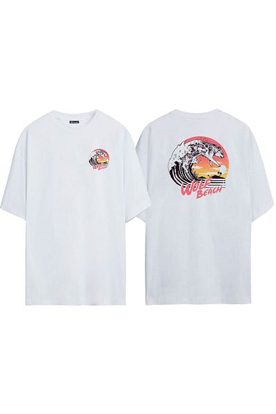 THEWERT Unisex Wolf Beach Wolf Beach εμπρός πίσω με στάμπα λευκό μπλουζάκι Oversize