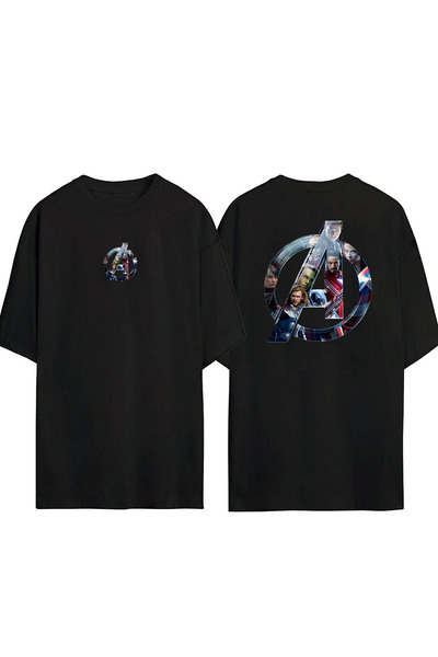 THEWERT تي شيرت أسود كبير الحجم مطبوع عليه Avengers Super Hero من الأمام والخ...