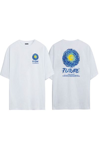 THEWERT Unisex Fature To Be Realist Μπροστά πίσω με στάμπα λευκό μπλουζάκι Oversize