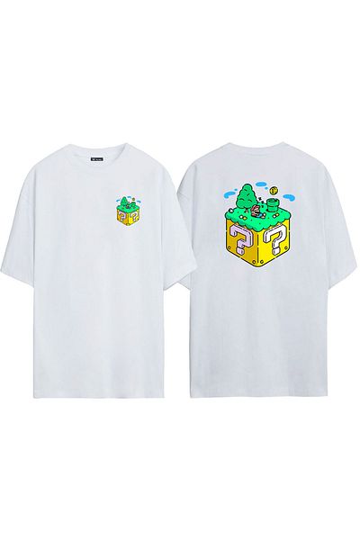 THEWERT Unisex Mario Cube εμπρός και πίσω με στάμπα λευκό μπλουζάκι Oversize
